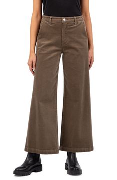 An earthy hue distinguishes these stretchy corduroy pants made with ankle-grazing wide legs and trouser-style pockets. 27 1/2" inseam; 22" leg opening; 11" front rise; 15" back rise (size 8) Zip fly with button closure Front slant pockets; patch pockets 98% cotton, 2% spandex Machine wash, tumble dry Imported Wide Leg Corduroy Pants, Trouser Style, Fabric Gift Bags, Wide Legs, Nordstrom Store, Fabric Gifts, Free Fabric, Corduroy Pants, Size 16