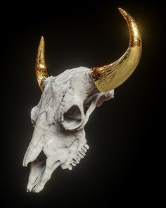 an animal skull with gold horns on a black background