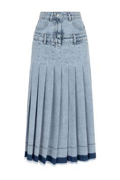 Glide through your day in the light and breezy Nocturne denim skirt. It features an effortless silhouette, a high-waisted pleated design, front zipper, metal button closure, and side pockets for a blend of style and convenience. Machine wash cold 100% Cotton High rise Officially licensed Imported Brand: Nocturne Model Product Size: S Model Size: Height 5'10 / Bust 29.5 in / Waist 23 in / Hips 34 in True the size Casual Blue Skirt With Accordion Pleats, High Waist Accordion Pleats Skirt For Spring, Blue Casual Bottoms With Accordion Pleats, Casual Blue Bottoms With Accordion Pleats, Casual Spring Bottoms With Accordion Pleats, Pleated Medium Wash Denim Bottoms, High Waist Denim Pleated Skirt For Spring, Casual Blue Bottoms With Pleated Waist, Denim Pleated Flared Skirt