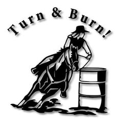 the logo for turn and burn, with a horse jumping over a barrel in front of it