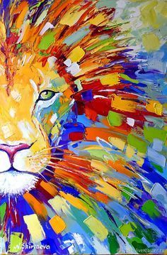 a painting of a lion's face with multicolored paint strokes on it