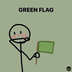 a cartoon character holding a green flag and pointing it at the viewer with one hand