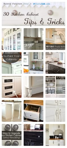 white kitchen cabinets and appliances with the words 30 kitchen cabinet tips & tricks on them