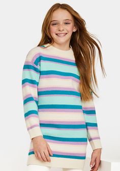 Stripes are a great way to brighten your little one's day! This cozy sweater dress is sure to keep your kiddo warm and smiling from recess to the weekend. Playful Long Sleeve Soft Knit Sweater, Long Sleeve Sweater For Winter Playwear, Long Sleeve Sweater For Playwear In Fall, Fall Playwear Long Sleeve Sweater, Fall Long Sleeve Playwear Sweater, Cute Multicolor Winter Dresses, Cute Long Sleeve Sweater Dress For Fall, Blue Crew Neck Winter Dress, Playful Fall Sweater For Playtime