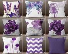 six different pillows with purple flowers on them