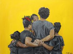 an oil painting of three black women hugging each other in front of a yellow background