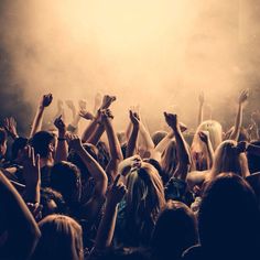 a crowd of people at a concert with their hands in the air