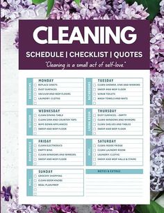 a cleaning checklist with lila flowers in the background