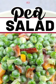 peas salad with bacon and cheese in a white bowl