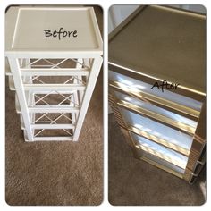 before and after photos of a white painted metal side table