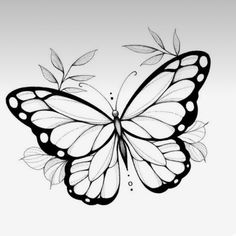 a black and white drawing of a butterfly with leaves on it's back side