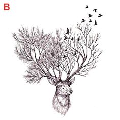 a pencil drawing of a deer with trees and birds on its antlers in the background