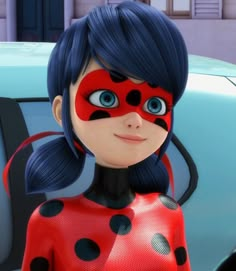 an animated ladybug girl with blue hair and black eyes standing in front of a car