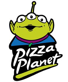 the logo for pizza planet with an alien face on it's chest and eyes