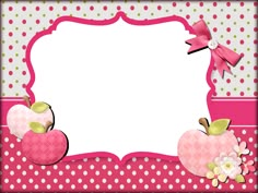 a pink polka dot frame with two apples and flowers on the bottom, in front of a