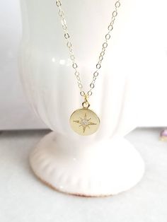 Star Necklace, North Star Gold Necklace, Cubic #jewelry #necklace @EtsyMktgTool #goldnecklace #celebrityinspired #starnecklace Star Gold Necklace, Star Gifts, Mom Jewelry Personalized, Grandmother Jewelry, Gold Disc Necklace, Star Necklace Gold, Crescent Necklace, Arrow Pendant, Gold Pendants