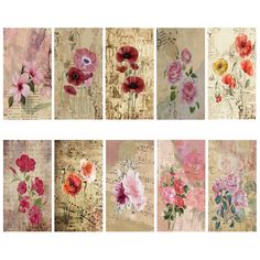 six floral paintings on old sheet music sheets, each with different colors and flowers in them