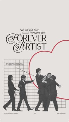 an advertisement for forever artist, featuring four people in front of a heart