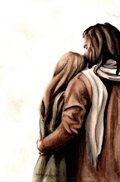 a painting of a man and woman walking side by side with one holding the other's back