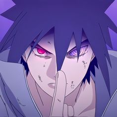 an anime character with purple hair and red eyes is making a hand gesture to the camera