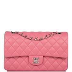 This Medium Classic Double Flap bag is in rose lambskin leather with silver tone hardware and features a front flap with signature CC turnlock closure, half moon back pocket, and adjustable interwoven silver tone chain link and rose leather shoulder strap.The interior is lined in rose leather with the "love letter" zipper compartment under the first flap, an "outer" slit pocket is under the second flap, and an interior compartment with two open pockets separated by a "lipstick" compartment.Collection: 21BOrigin: FranceCondition: New and never wornAccompanied by: Chanel Box, Chanel dustbag, felt, ribbon and carebookMeasurements: 10" width x 6" height x 2.75" depth; 16.5" strap drop (9.5" doubled) Chanel Box, Pink Chanel, Classic Bags, Yellow Leather, Love Letter, Classic Flap, Flap Bag, Pink Leather, Half Moon