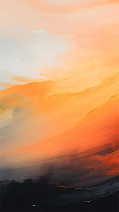 an abstract painting with orange and yellow colors in the sky, on a white background