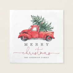 a red truck with a christmas tree on the back is featured in this holiday card