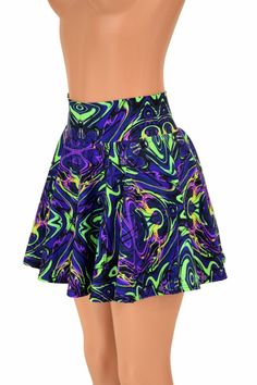 "This item is made to order, please read all the way through the listing before purchasing! This skirt features a super bright array of neon futuristic colors that meld together in a chemical explosion of awe! This wicked awesome skirt is full circle cut, so it whirls and twirls with flirty movement. It is made of four way stretch lycra spandex. It has a soft, spandex waistband (elastic free) that sets at the natural waist or snugs down at the hips if you prefer it low. Womens Sizing (See below Rave Mini Skirt For Spring, Fitted Rave Mini Skirt For Spring, Spring Rave Fitted Skirt, Fitted Rave Skirt For Spring, Fitted Green Bottoms For Rave, Spring Fitted Rave Skirt, Stretch Rave Skirt For Festival, Rave Festival Skirt With Stretch, Multicolor Rave Skirt For Summer