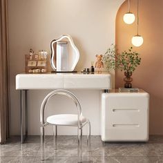 a white vanity with mirror and stool in a room