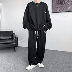 Hearujoy Simple Cityboy Sweatshirt Pants Set Men's Spring Autumn New Youth Trend Sportswear Casual Oversize Patch Designs Two Piece Suit Casual Baggy Long Sleeve Sets, Black Cotton Crew Neck Tracksuit, Black Relaxed Fit Sets With Pockets, Black Sets With Pockets And Relaxed Fit, Casual Gym Sets, Casual Sportswear, Patch Design, Mens Spring, British Indian