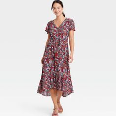 Knox Rose Flutter Sleeve Midi Dress - Navy & Garnet V-Neck, Button Front - Drawcord At Waits - Size Large Target Dress, Rose Dresses, Navy Midi Dress, Knox Rose, Midi Short Sleeve Dress, Green Midi Dress, Rose Dress, Navy Floral, Floral Midi Dress