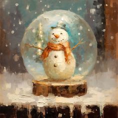 a painting of a snowman in a glass ball