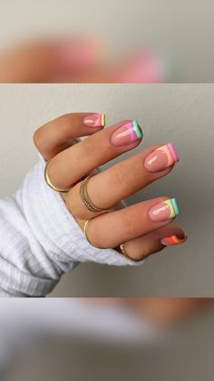 Rainbow French Nails, French Nails Short, Nails And Rings, Rainbow French, Nails Colors, Nails Summer