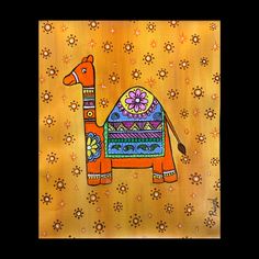 a painting of an orange camel with flowers on it's back and yellow background