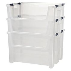 three plastic storage bins stacked on top of each other