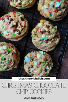 chocolate chip cookies on a cooling rack with sprinkles and m & m