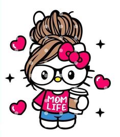 an image of a hello kitty with glasses and a t - shirt that says mom life