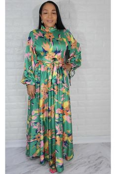 05032022 The Green Colorful Garden Long Sleeve Maxi Dress Green Long Sleeve Maxi Dress With Vibrant Print, Vibrant Green Floral Print Maxi Dress, Green Floral Print Long Sleeve Kaftan, Green V-neck Kaftan With Vibrant Print, Church Attire, Multicolor Floral Print Maxi Cover-up, Long Sleeve Maxi, Colorful Garden, Xl Dress