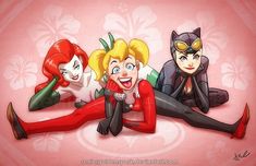 three cartoon characters laying on the ground with one holding a catwoman's hand