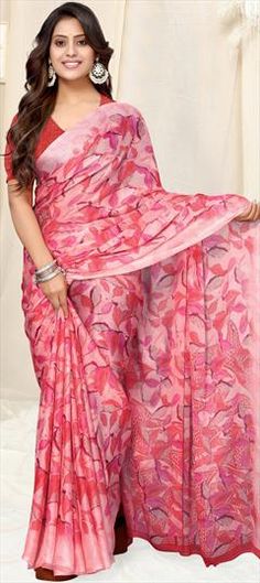 Pink and Majenta color Saree in Chiffon fabric with Floral, Printed work Festive Pink Printed Saree, Printed Pink Saree, Multicolor Chiffon Blouse Piece For Wedding, Festive Saree, Floral Print Sarees, Floral Work, Party Wear Sarees, Printed Sarees, Blouse Length