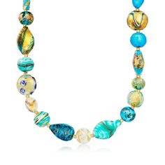 Italian Multicolored Murano Glass Bead Necklace in 18kt Gold Over Sterling | Ross-Simons Murano Beads Necklace, Turquoise Glass Necklaces With Gemstone Beads, Turquoise Single Strand Glass Jewelry, Multicolor Murano Glass Necklace With Spacer Beads, Elegant Turquoise Glass Beaded Necklace, Blue Beaded Murano Glass Jewelry, Elegant Blue Murano Glass Necklace, Blue Single Strand Murano Glass Beaded Necklace, Elegant Multicolor Glass Necklaces