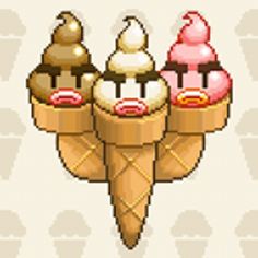 three scoops of ice cream with different toppings on them in pixel art style