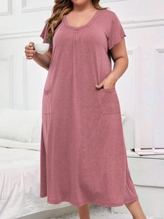 Casual Plus Size Women V-Neck Short Sleeve Pajama Night Dress With Double Pocket, Soft Skin-Friendly Fabric Long Dress Pink Casual-Woman  Cap Sleeve Knitted Fabric Plain Nightgowns Medium Stretch Spring/Fall Women Plus Sleep and Lounge, size features are:Bust: ,Length: ,Sleeve Length: Casual V-neck Nightgown For Home, Sleepwear With Pockets, Casual V-neck Sleepwear For Home, Casual V-neck Sleepwear, Casual Pink V-neck Nightgown, Comfortable V-neck Loungewear Dress, V-neck Relaxed Fit Sleep Dress, Casual V-neck Nightgown For Lounging, Comfortable V-neck Nightgown For Bedtime