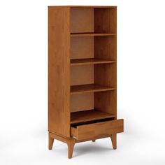 a wooden bookcase with three shelves on one side and two drawers on the other