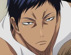 an anime character with black hair and blue eyes looking at the camera while wearing a white shirt