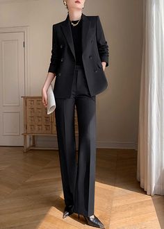 Elevate your professional wardrobe with the Monica Black Pants Suit Two-Piece Set. Crafted with a sophisticated black hue and double-breasted closure, this set exudes luxury and exclusivity. The straight-leg pants and tailored blazer provide a timeless and tasteful look for any business occasion. Blazer: Double Breasted closure Notched lapels Long sleeves Front flap pockets Pants Zip fly with button closure Side slant pockets Regular length - Polyester, spandex- Item #43197- Women's blazer & pan Suits For Business Woman, Women’s Suits Black, Double Breasted Suit For Women, Executive Assistant Outfit Plus Size, Dark Grey Suit Women, Women Double Breasted Suit, Women’s Black Suit, Grey Pants Black Blazer, Black Wedding Suit Women