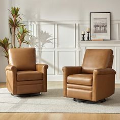 two brown leather chairs sitting next to each other on a white rug in front of a fireplace