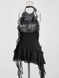 Flirty Black Sleeveless Mini Dress, Sleeveless Stretch Mini Dress For Prom, Stretch Sleeveless Mini Dress For Prom, Elegant Summer Mesh Dress For Club, Elegant Backless Mesh Club Dress, Elegant Backless Mesh Dress For Club, Black Sleeveless Mini Dress For Club, Flirty Black Sleeveless Party Dress, Chic Halter Neck Sleeveless Dress For Prom