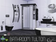 a bathroom with black and white fixtures and accessories