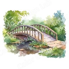 a watercolor painting of a bridge over a river